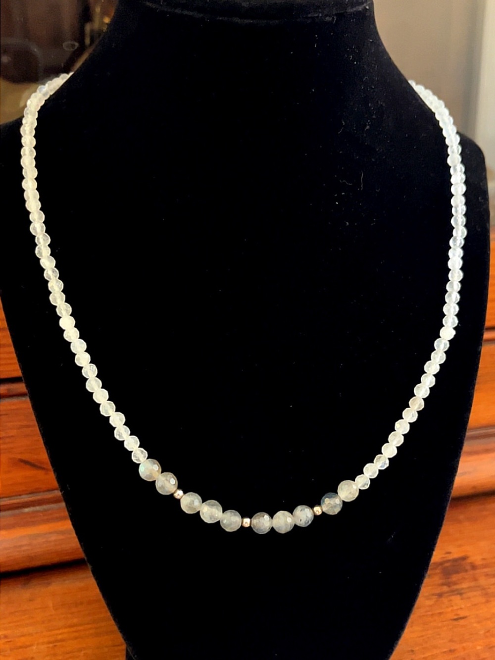 Labradorite Beaded Necklace - White/Gray blue flash moonstone- Sterling silver